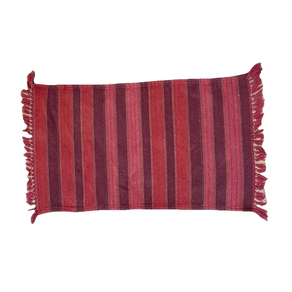 Vintage Cotton Flatweave Scatter Rug Red Purple Pink Stripe Tassels Washable